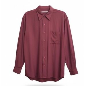 100% Silk Button Front Blouse Large Rose Berry  Long Sleeve Soft Draped Top